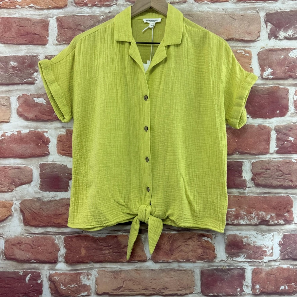 Anthropologie Top Womens Small Yellow Green Citrus Verbena Gauzy Tie Waist Shirt